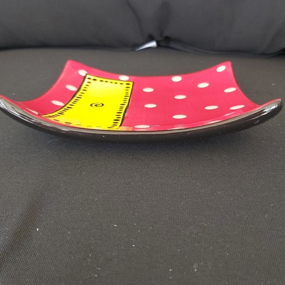 CARRIE WROOT Red Ceramic Trinket Dish Signed Handpainted Whimsical Dots Yellow - Picture 2 of 12